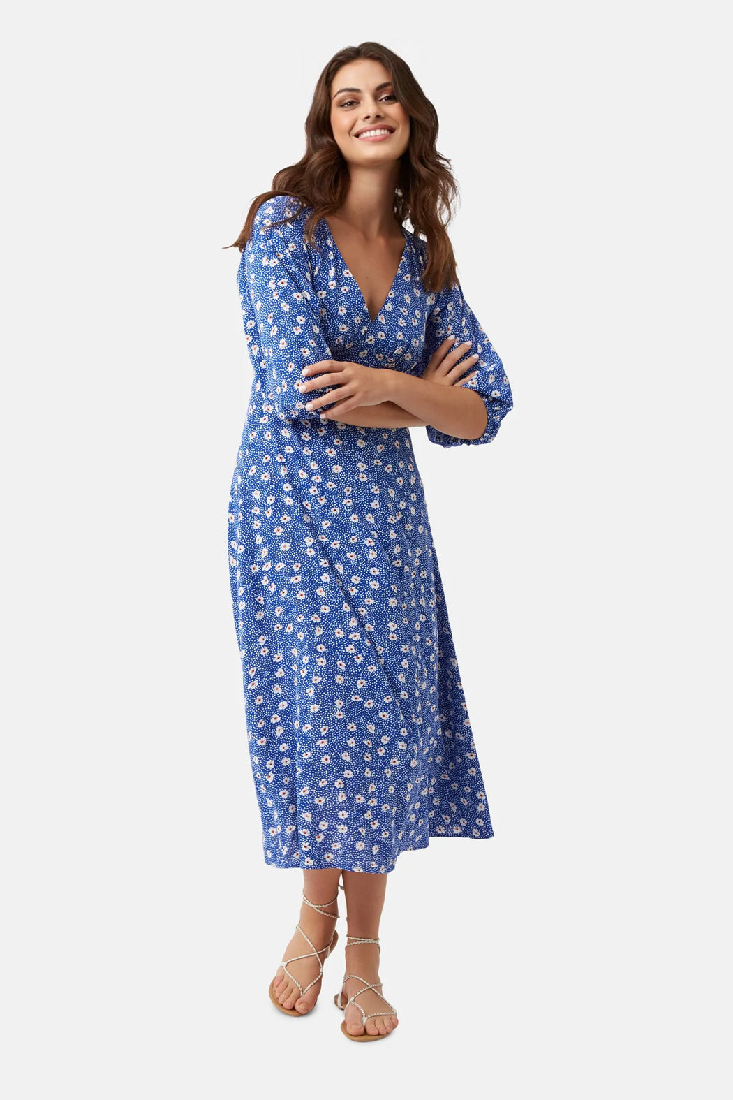 Traffic People Gloria Blue Ditzy Floral Print Midi Dress