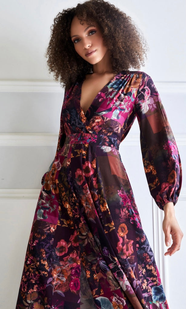 D7606 maroon full skirt wrap dress