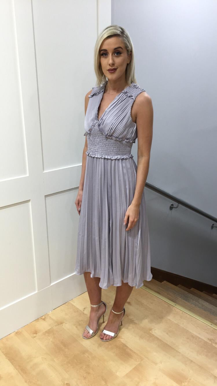 Lilac Grey Plunge Front Pleated Midi Dress