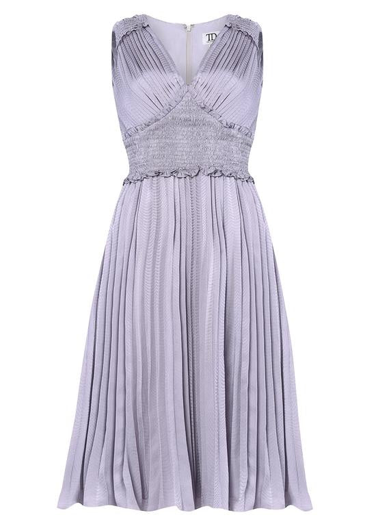 Lilac Grey Plunge Front Pleated Midi Dress