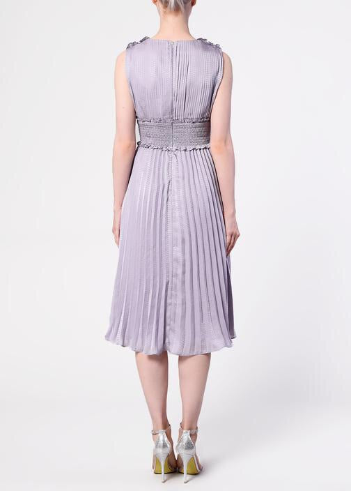Lilac Grey Plunge Front Pleated Midi Dress