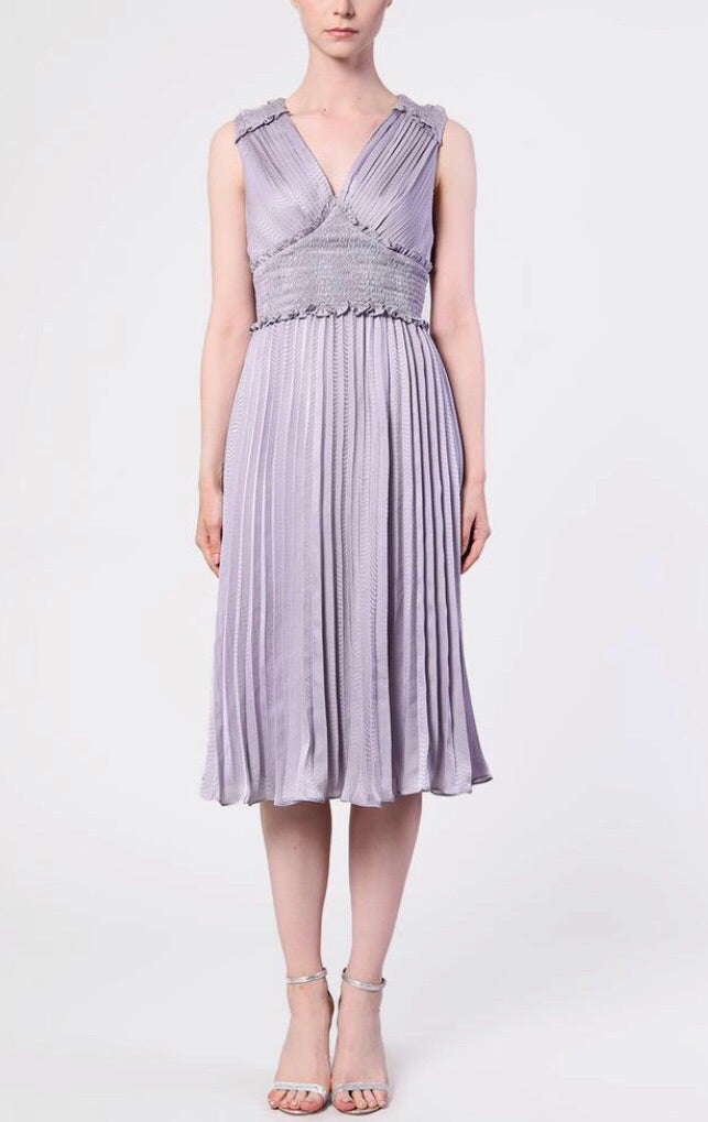 Lilac Grey Plunge Front Pleated Midi Dress