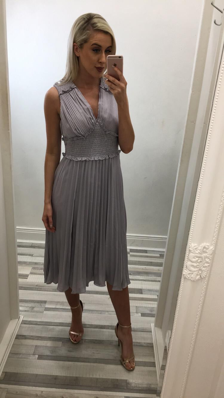 Lilac Grey Plunge Front Pleated Midi Dress