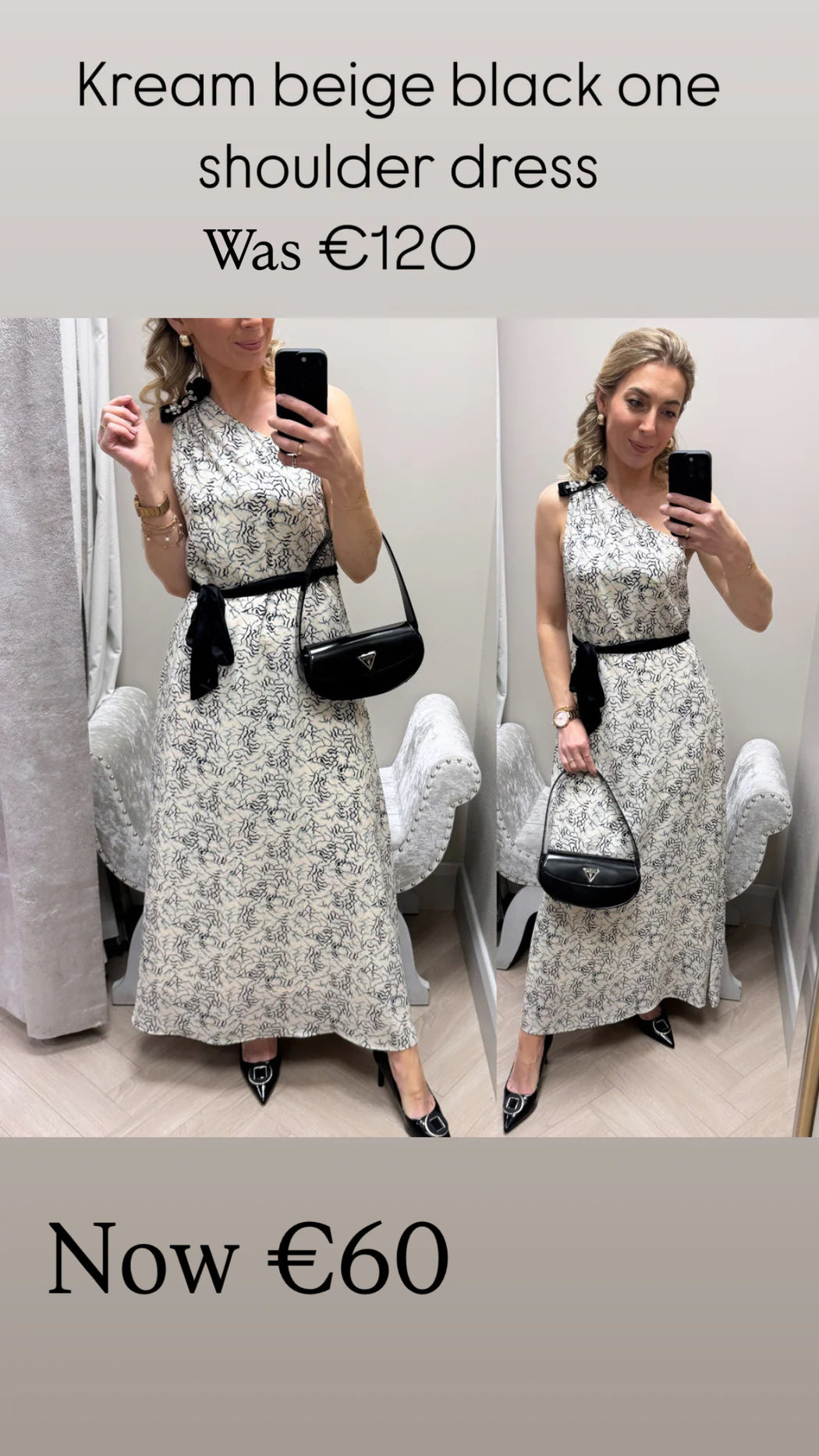 Kream beige black one shoulder dress