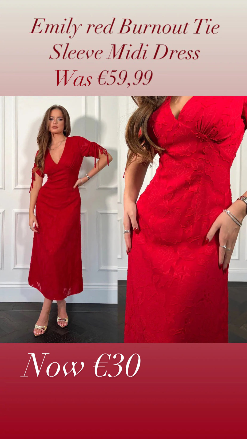 Emily red Burnout Tie Sleeve Midi Dress