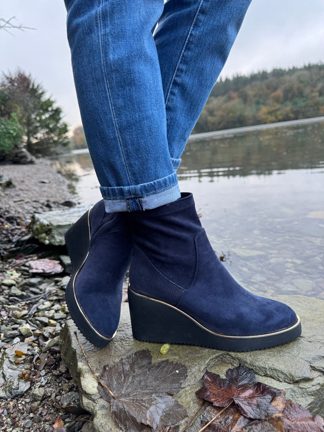 Poole sapphire navy wedge boots