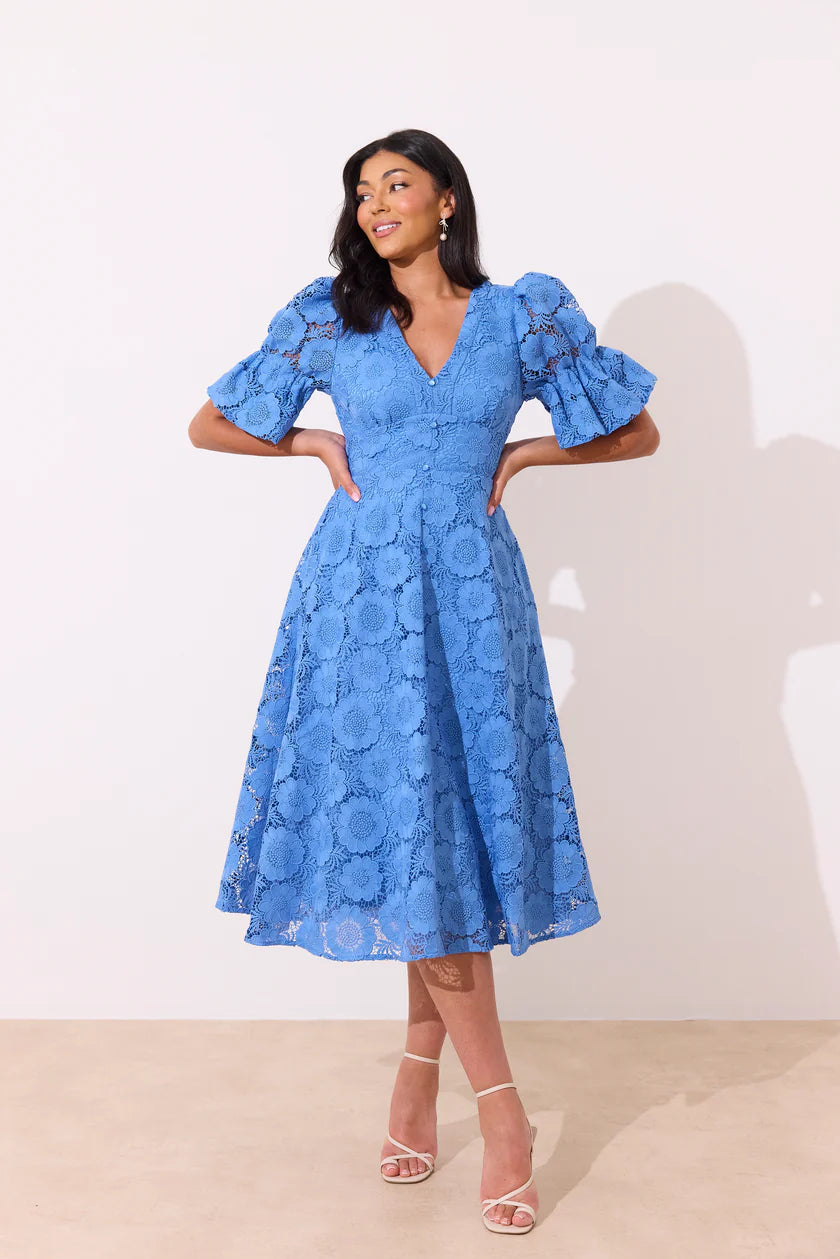CALLIE CROCHET LACE MIDI DRESS - CORNFLOWER BLUE