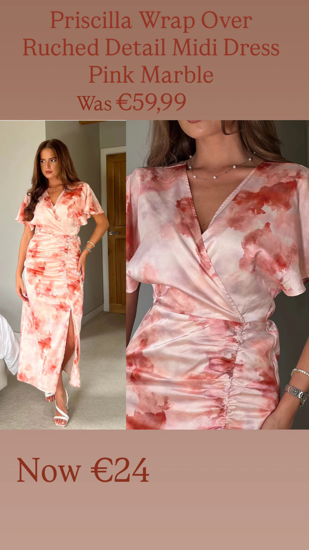 Priscilla Wrap Over Ruched Detail Midi Dress Pink Marble