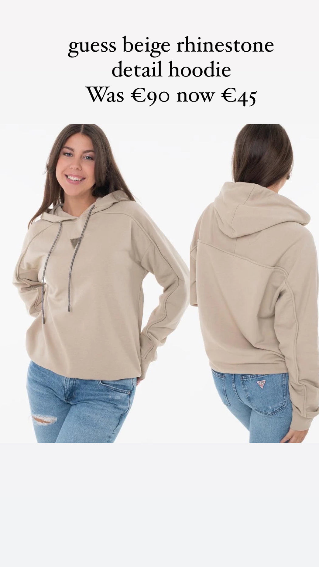 W4GQ12KBK32 guess beige rhinestone detail hoodie