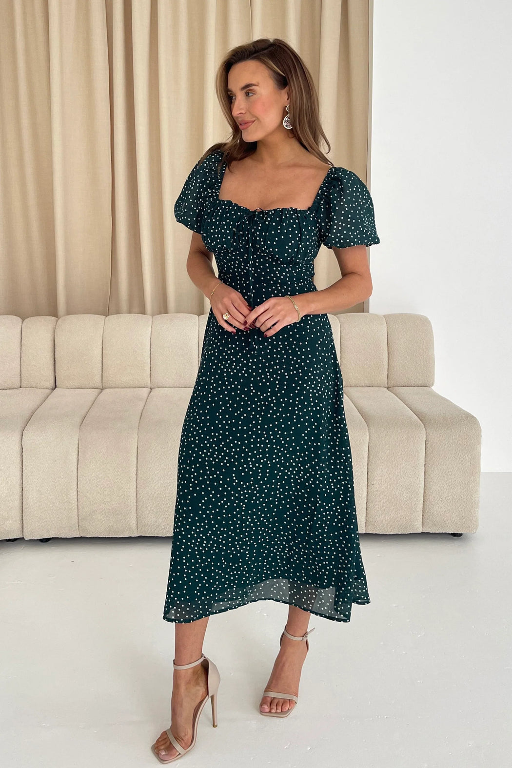 Jemima Square Neck Midi Dress Green Polka