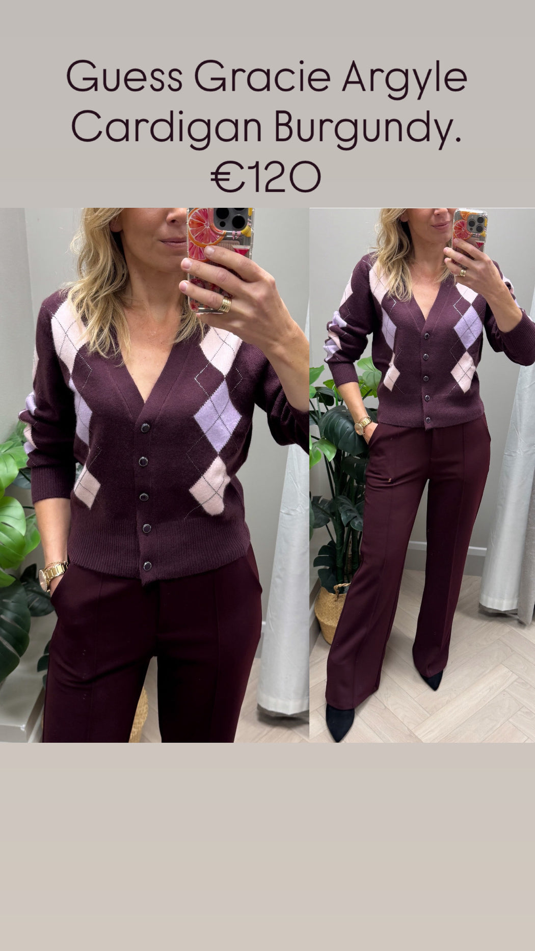 Guess Gracie Argyle Cardigan Burgundy. W6BR47Z1446