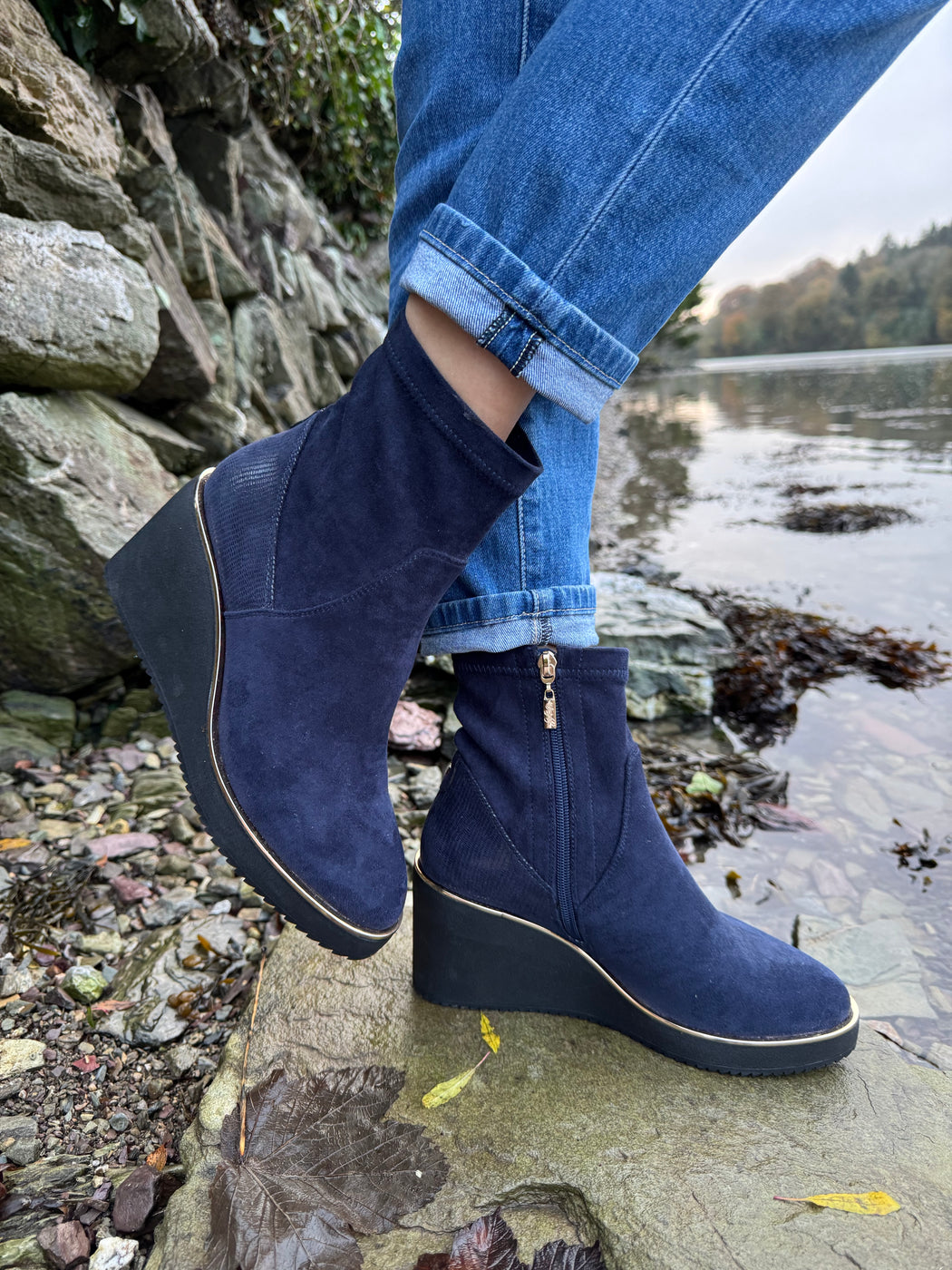 Poole sapphire navy wedge boots