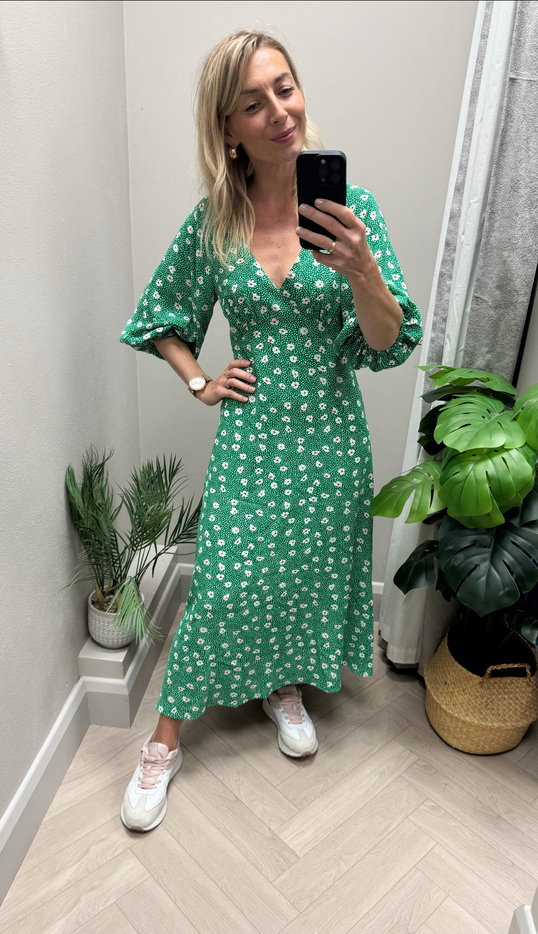 Traffic People Gloria Green  Ditzy Floral Print Midi Dress