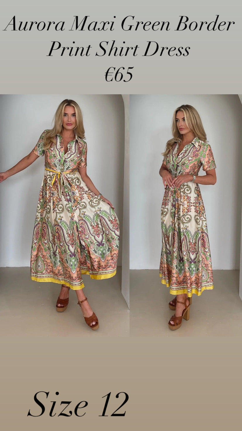 Aurora Maxi Green Border Print Shirt Dress