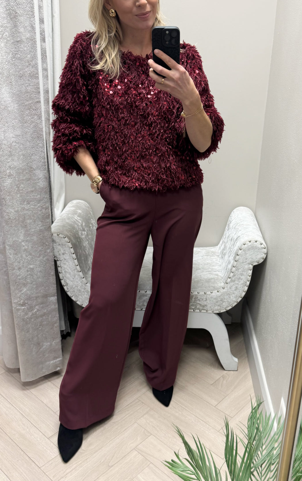 Wine feather knit top