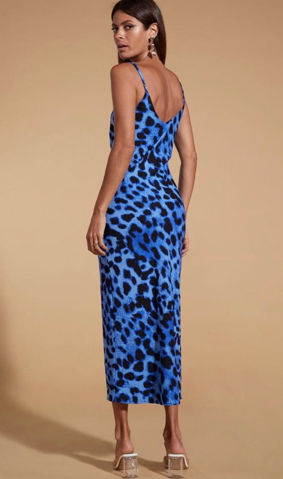 SIENNA MIDAXI SLIP DRESS IN BRIGHT BLUE LEOPARD