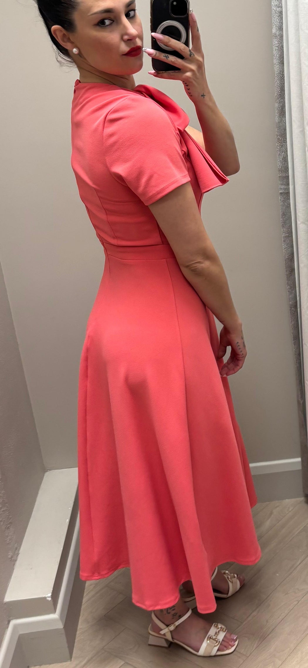 Minta Bow Detail Short Sleeve Midi Dress Coral