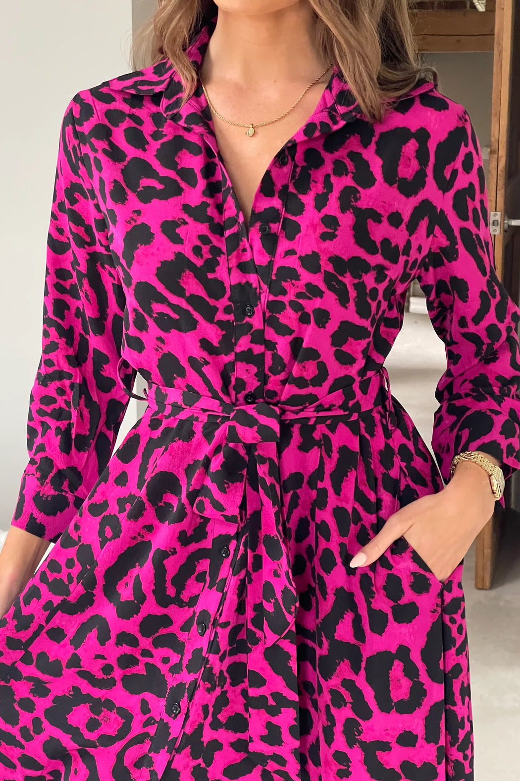 Angela Pink Animal Shirt Maxi Dress