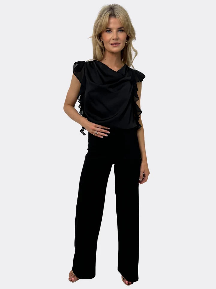 Riley ruffled cowl neck black top