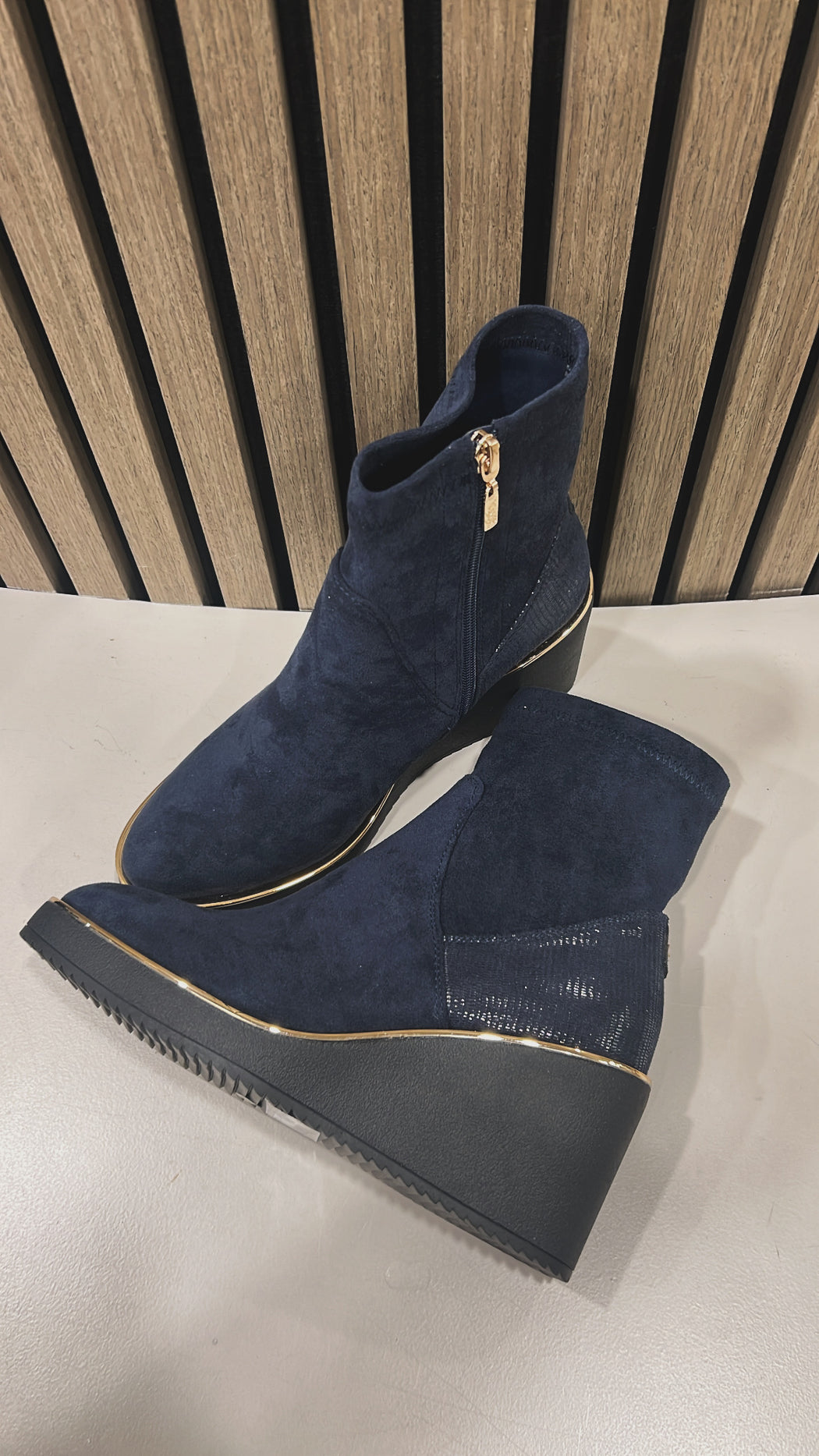 Poole sapphire navy wedge boots
