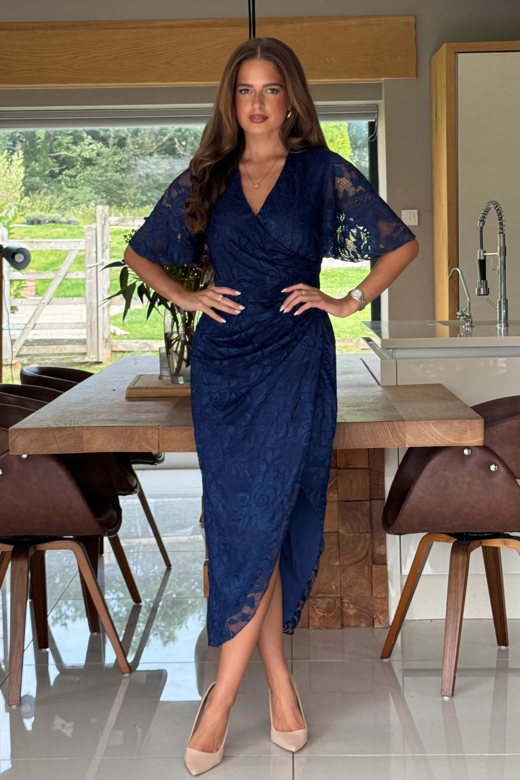 Natasha Angel Sleeve Wrap Midi Dress In Navy Lace