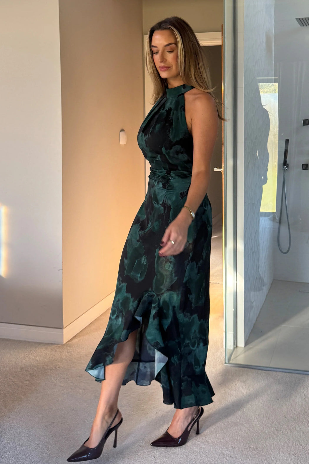 Amani Ruched Halter Neck Midi Dress Green Print