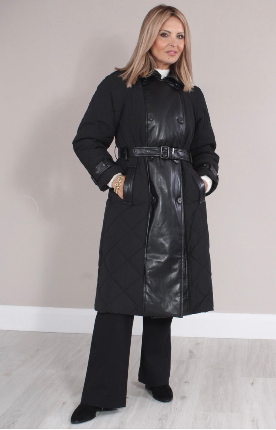 Guess Alexane faux leather mix Quilted Trench Coat. W5BL36W4070