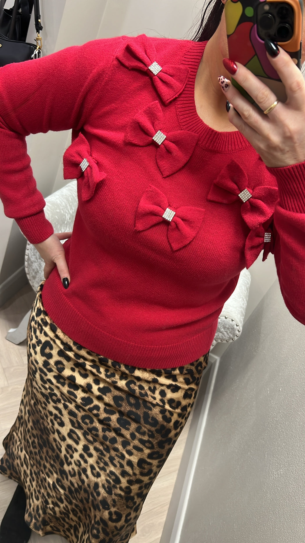 Red diamanté bow knit top