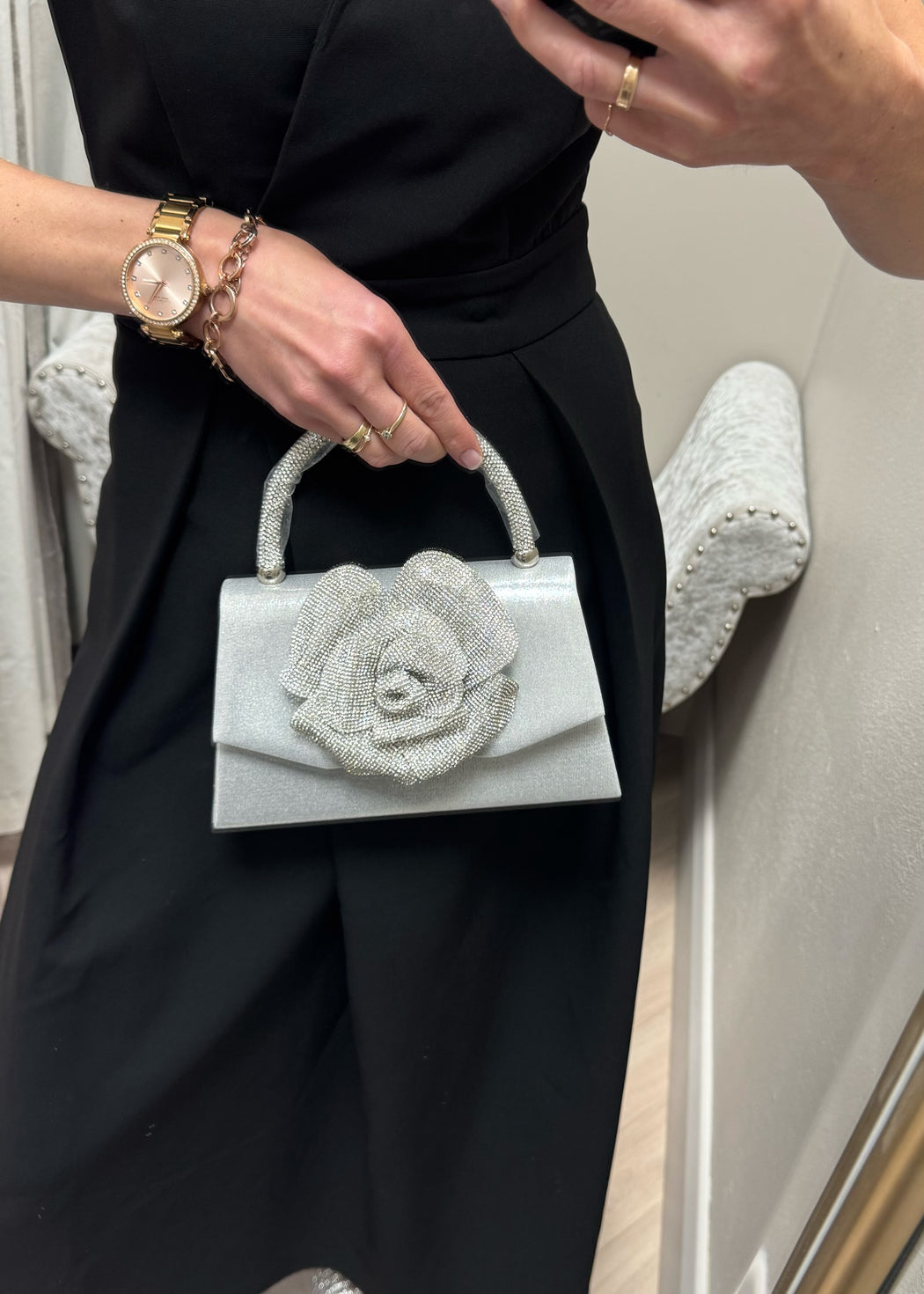 Rhinestone rose flower silver bag