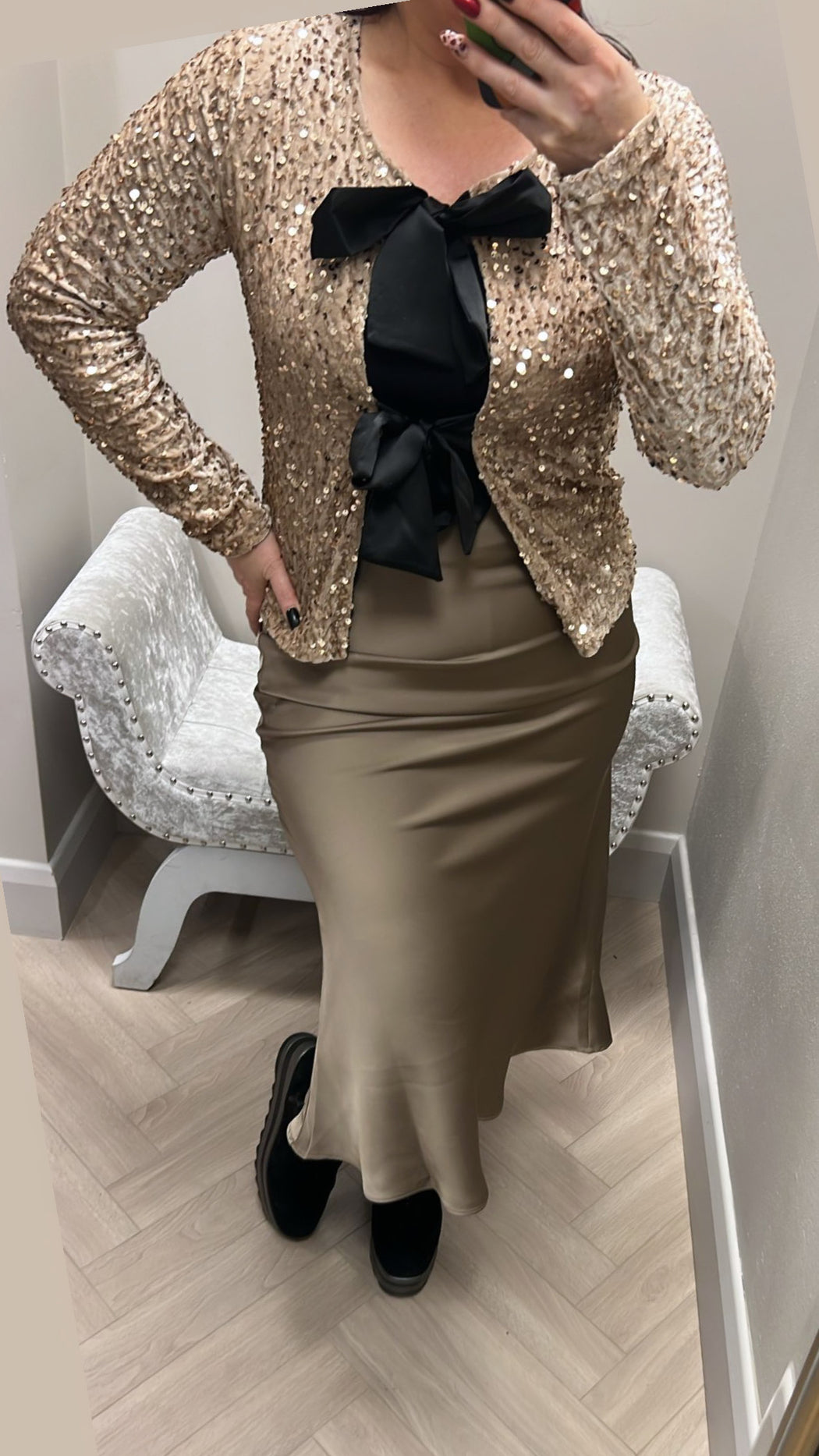 Zora taupe  satin midi skirt