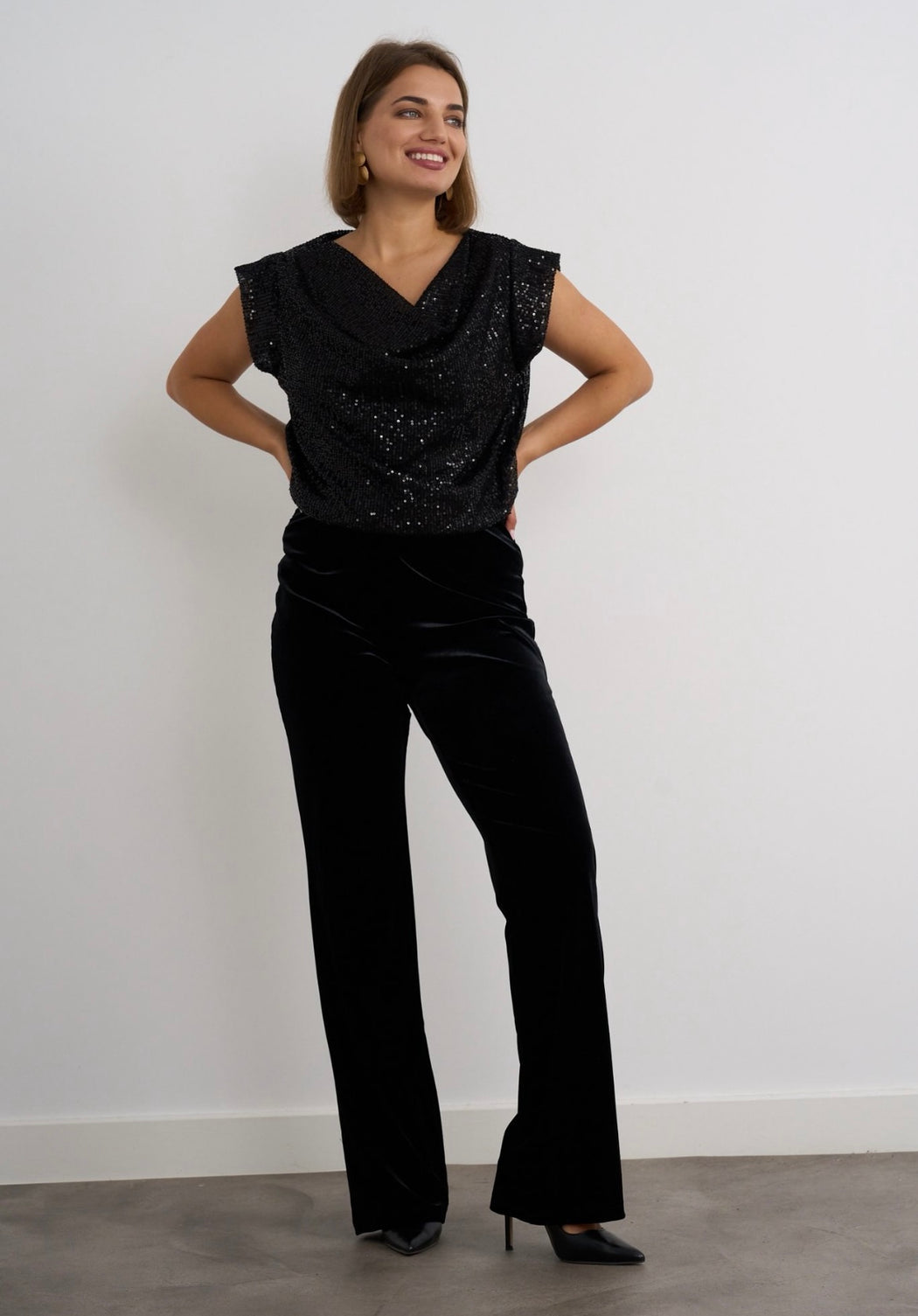 Black sequin cowl neck top