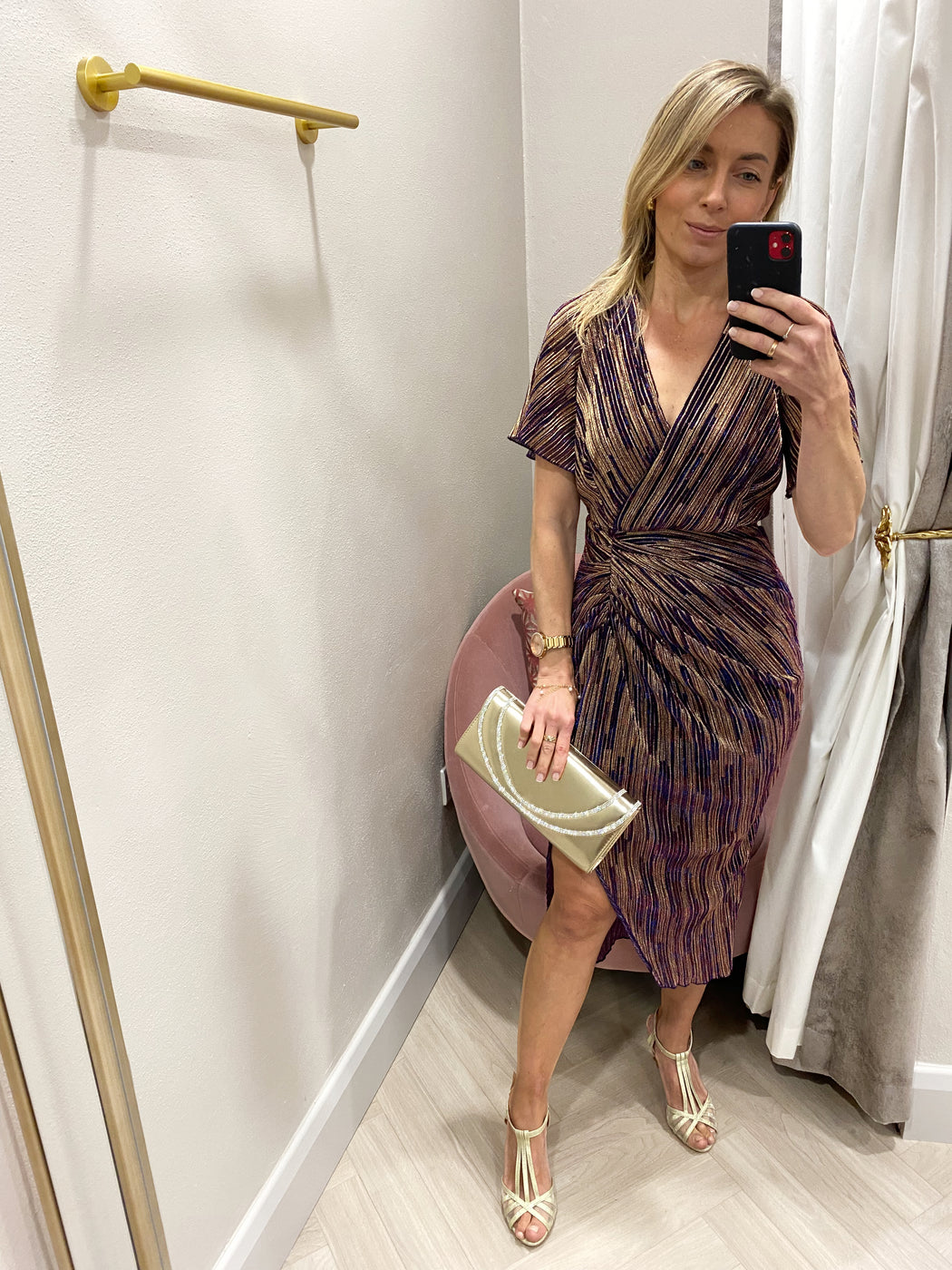 Isla wine & gold Metallic midi dress