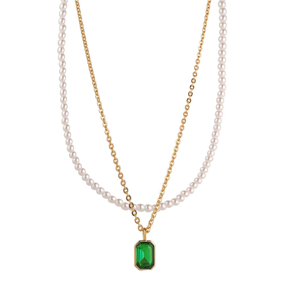 R437ncb PEARL & EMERALD LAYERED NECKLACE