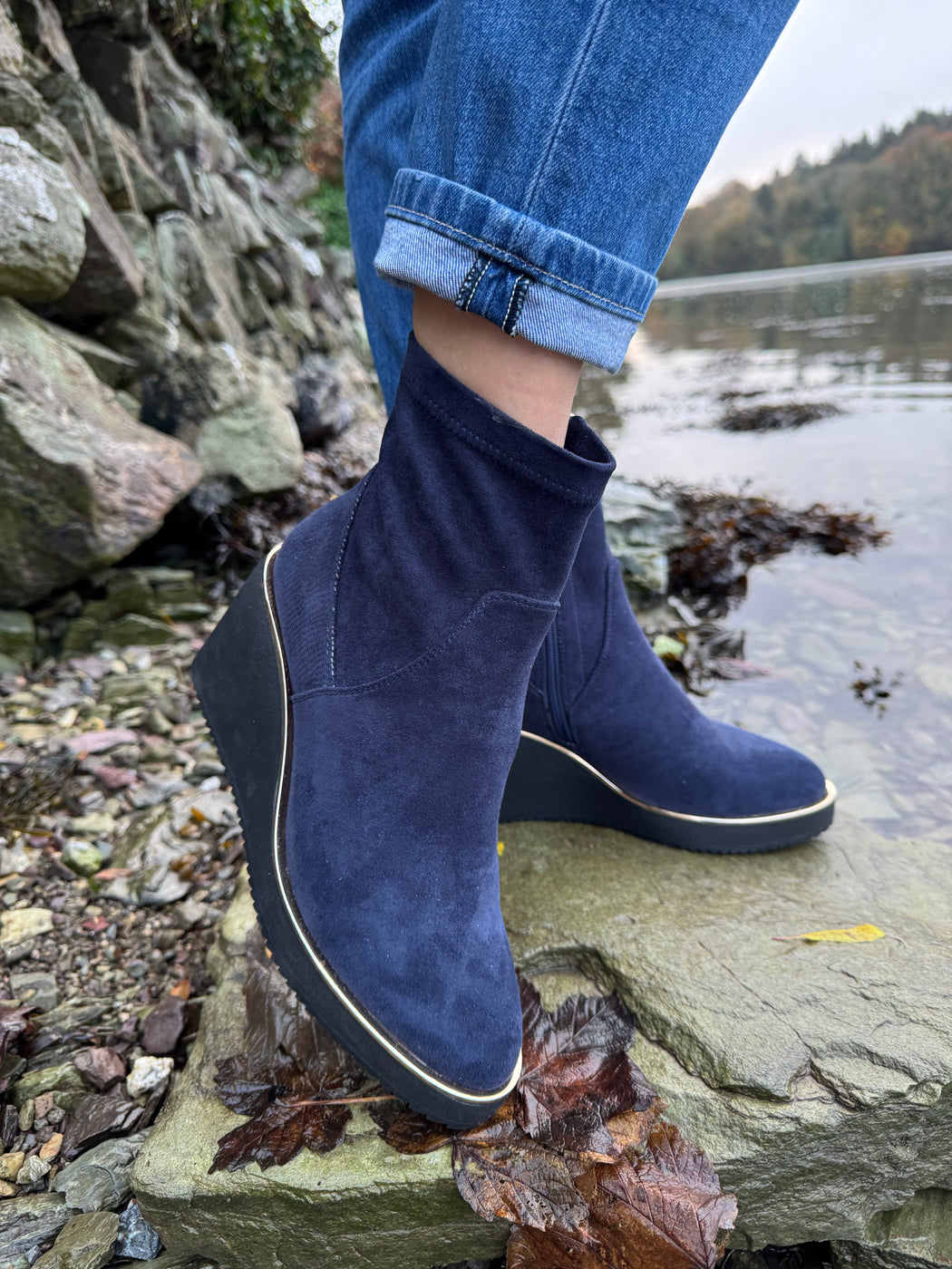 Poole sapphire navy wedge boots