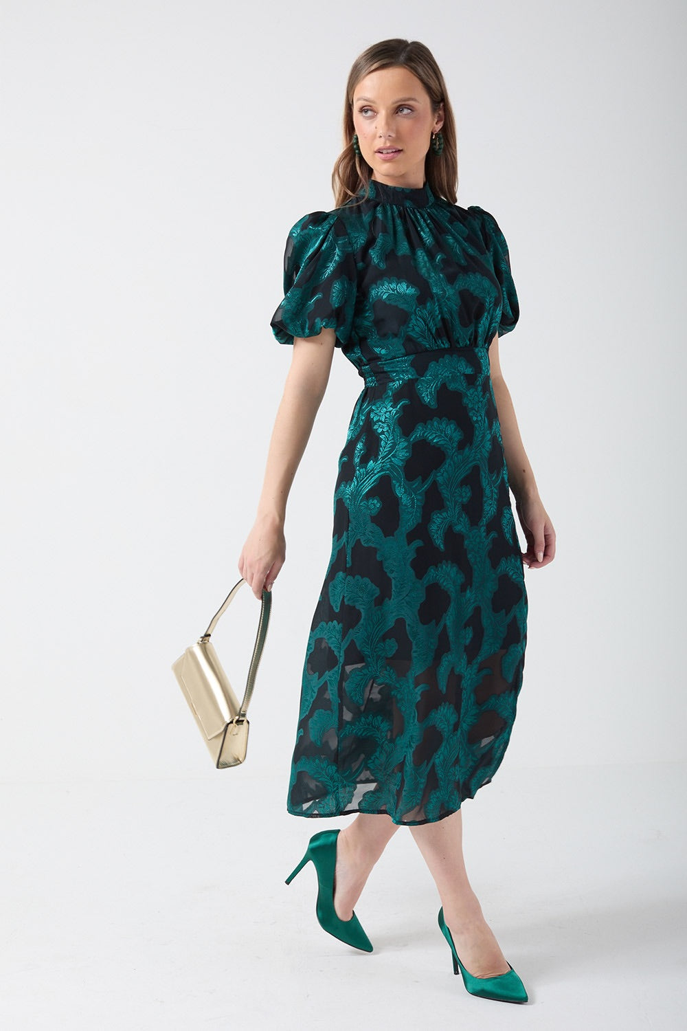 GREEN BROCADE PUFF SLEEVE DRESS
