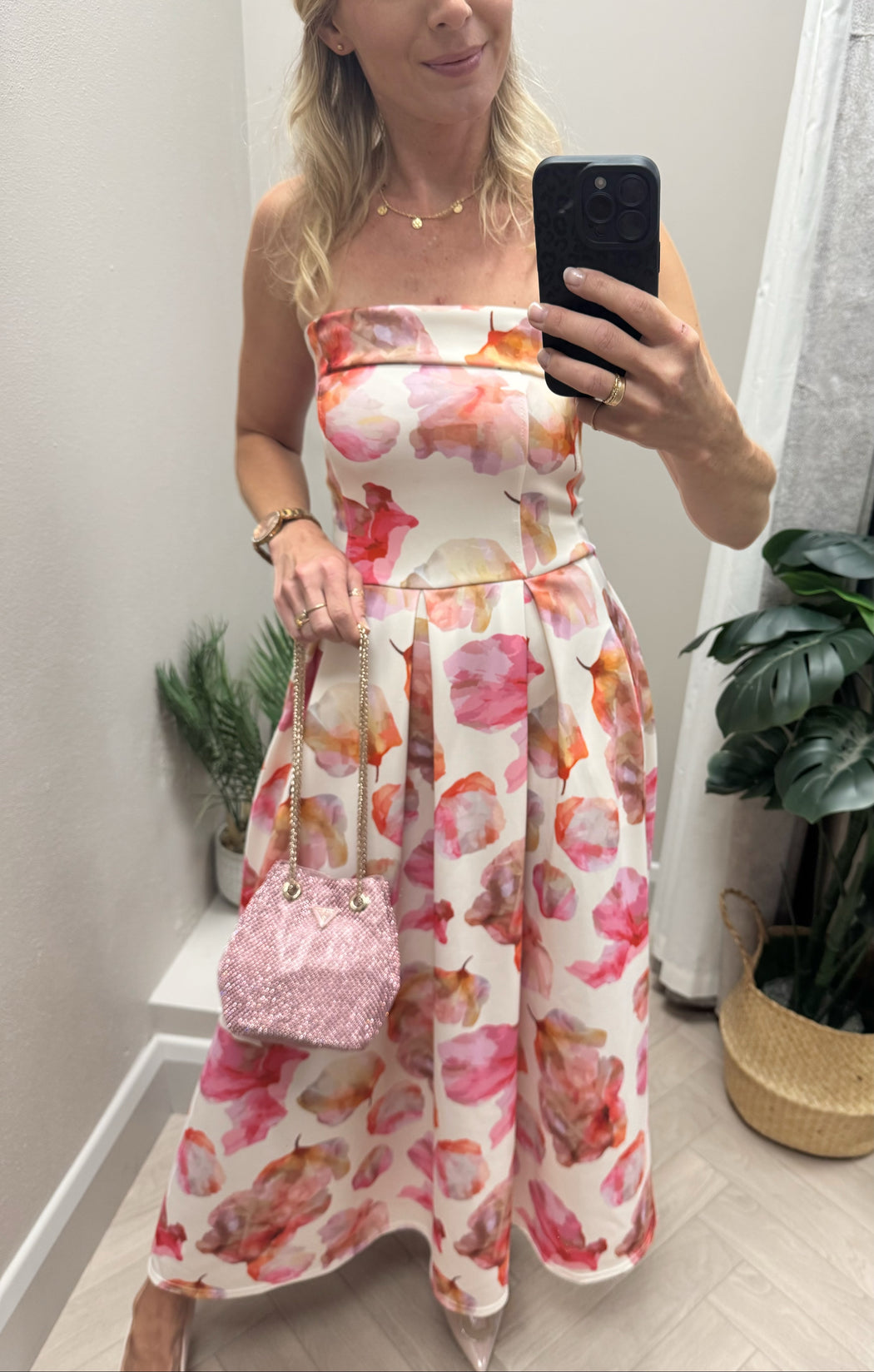 Danni Strapless Bandeau Midi Dress Pink Floral