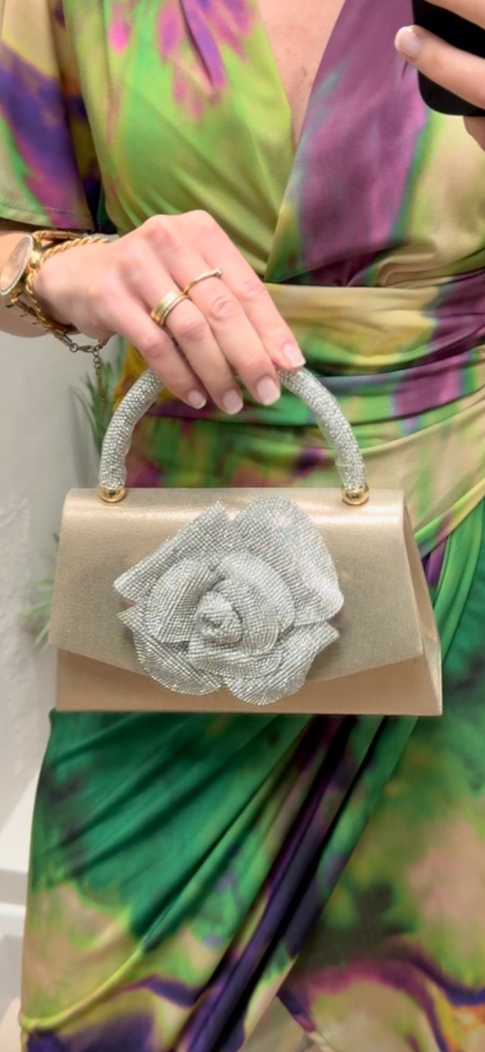 Rhinestone rose flower gold bag