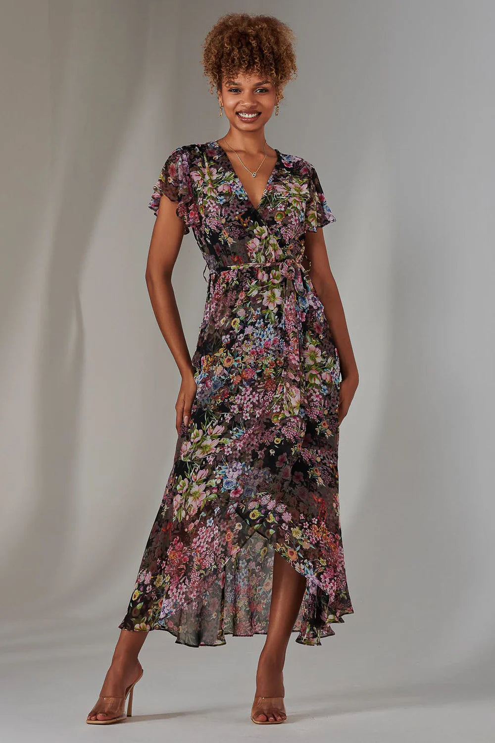 JOLIE MOI CHIFFON PRINT FRILL DIP HEM MAXI DRESS, BLACK FLORAL