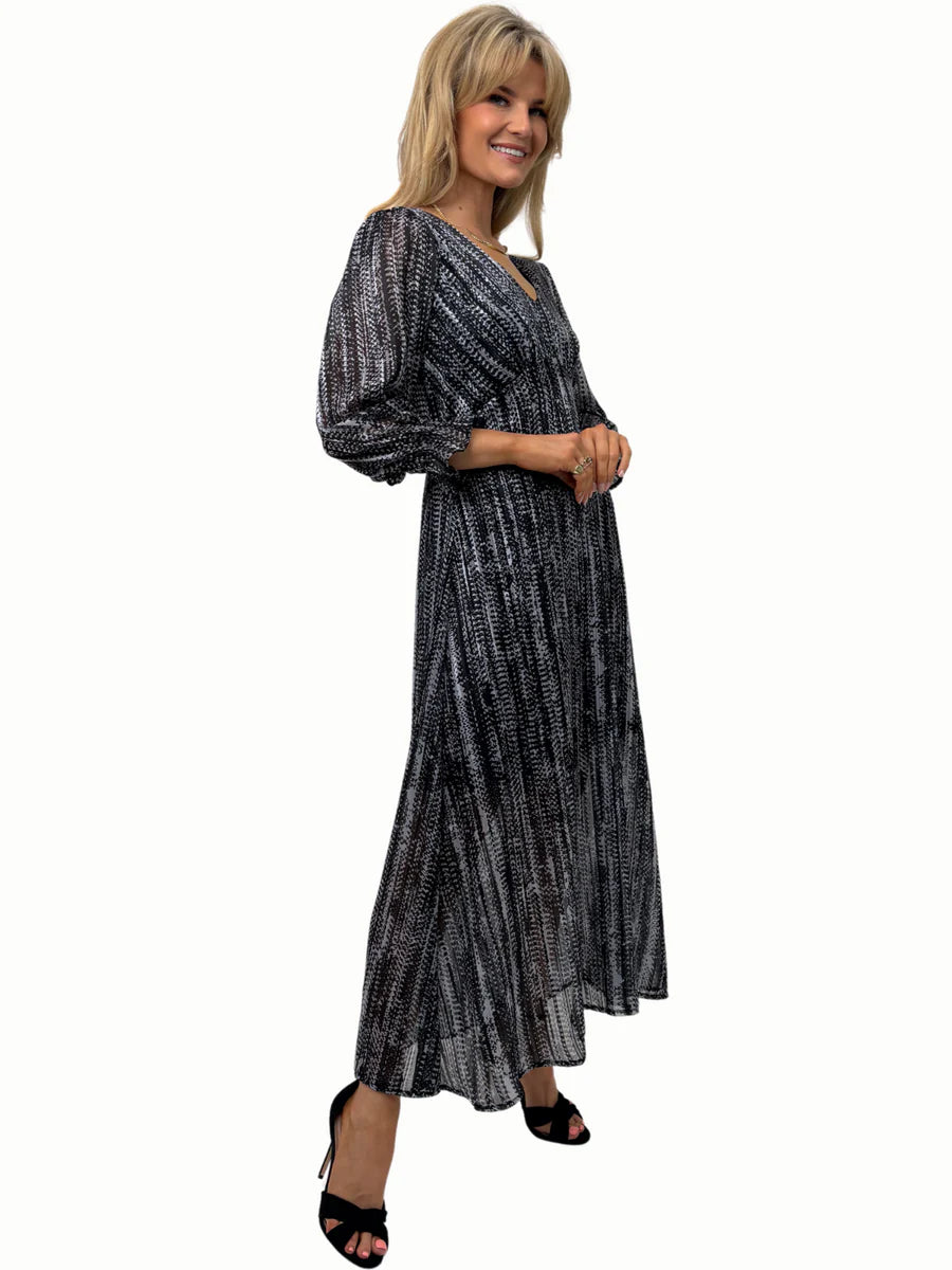 STREASA BLACK GREY PRINT MIDI DRESS