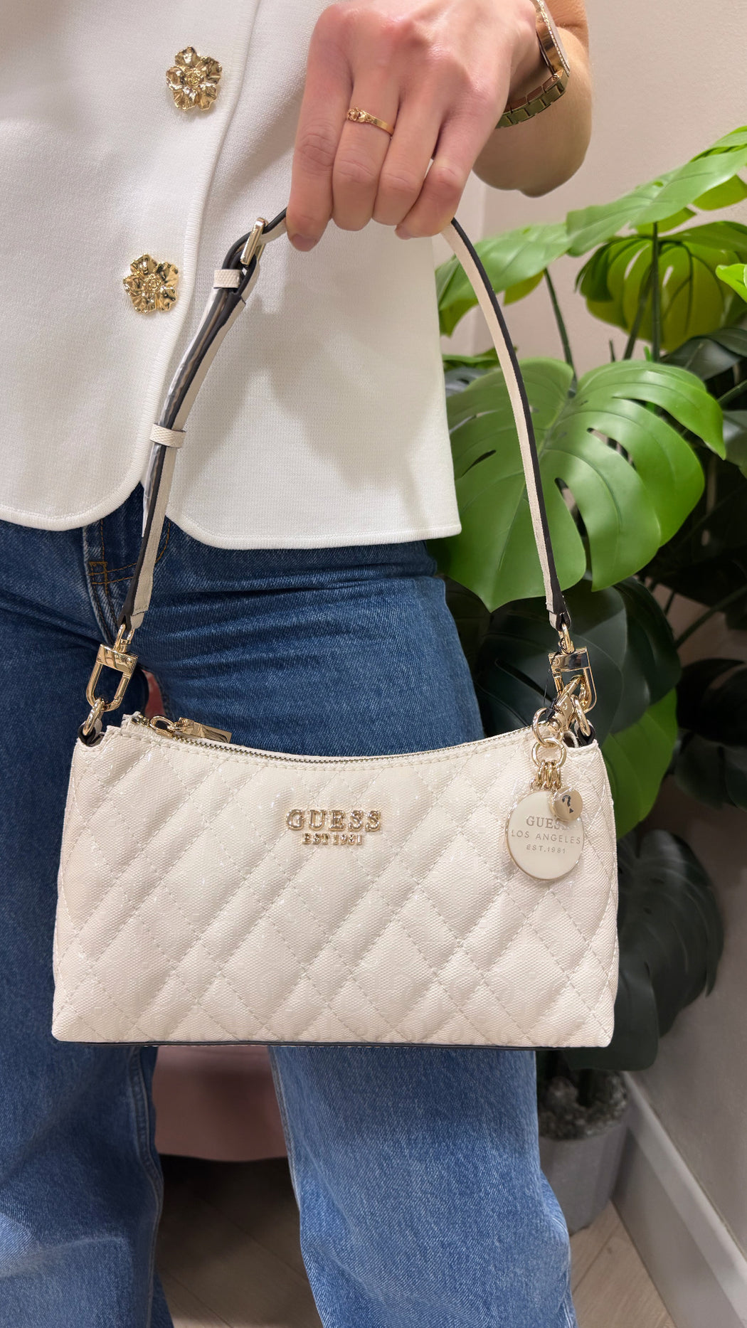 Guess off White Logo Isemay Shoulder Bag