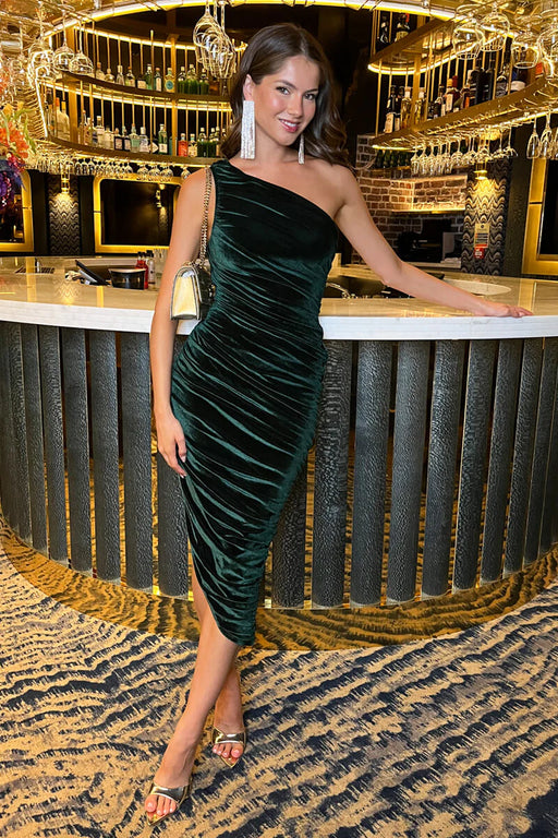 Da1974 Green Velvet One Shoulder Asymmetric Hem Ruched Midi Dress