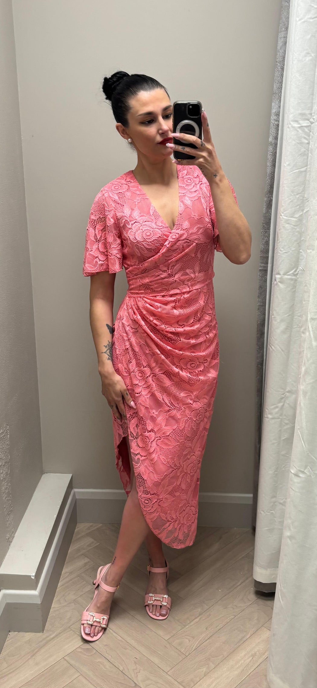 Natasha Angel Sleeve Wrap Midi Dress In Pink Lace