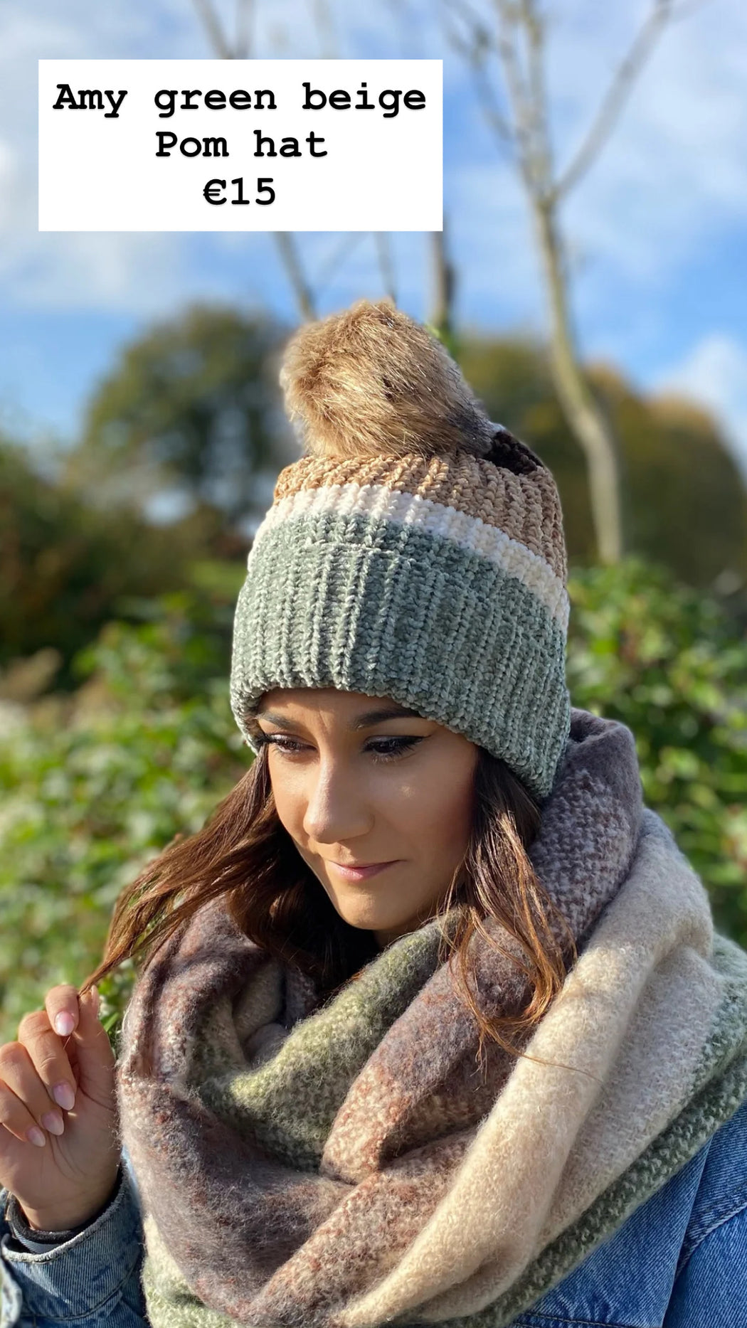 Amy green beige Pom hat