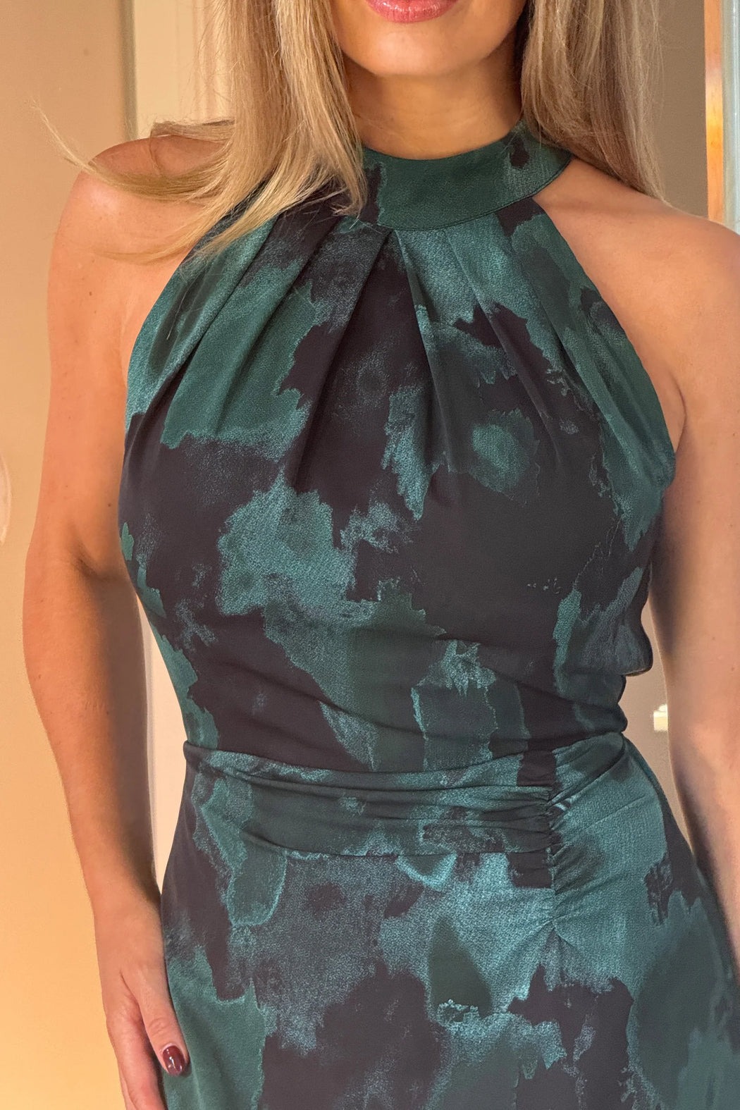 Amani Ruched Halter Neck Midi Dress Green Print