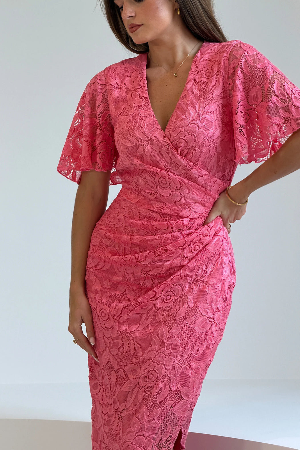Natasha Angel Sleeve Wrap Midi Dress In Pink Lace