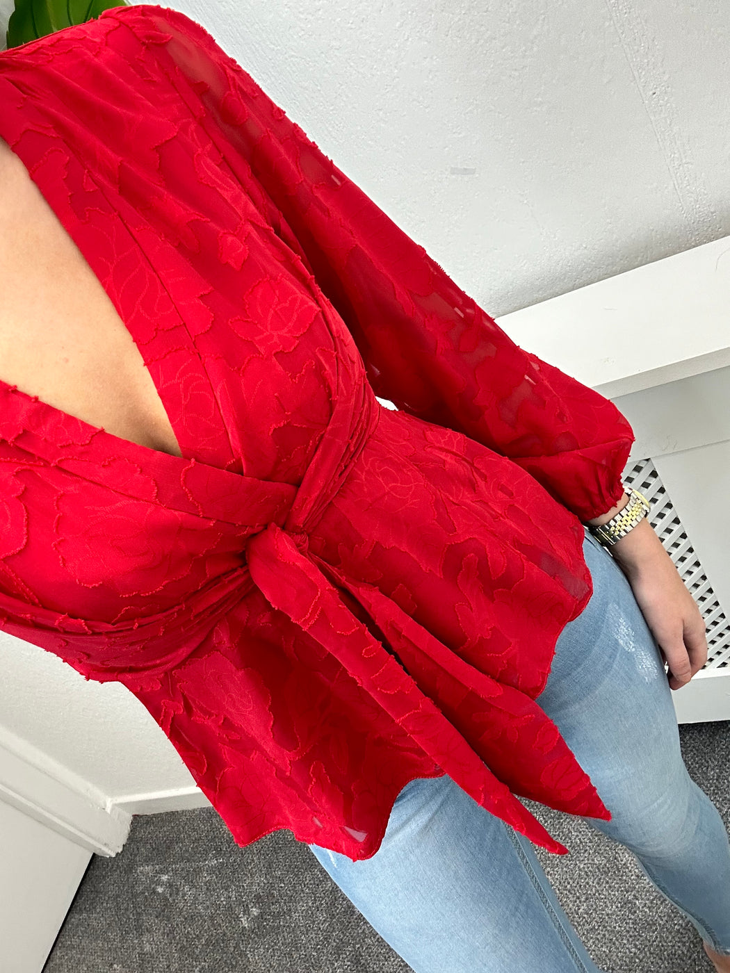 Brooke red Tie Long Sleeve Burnout