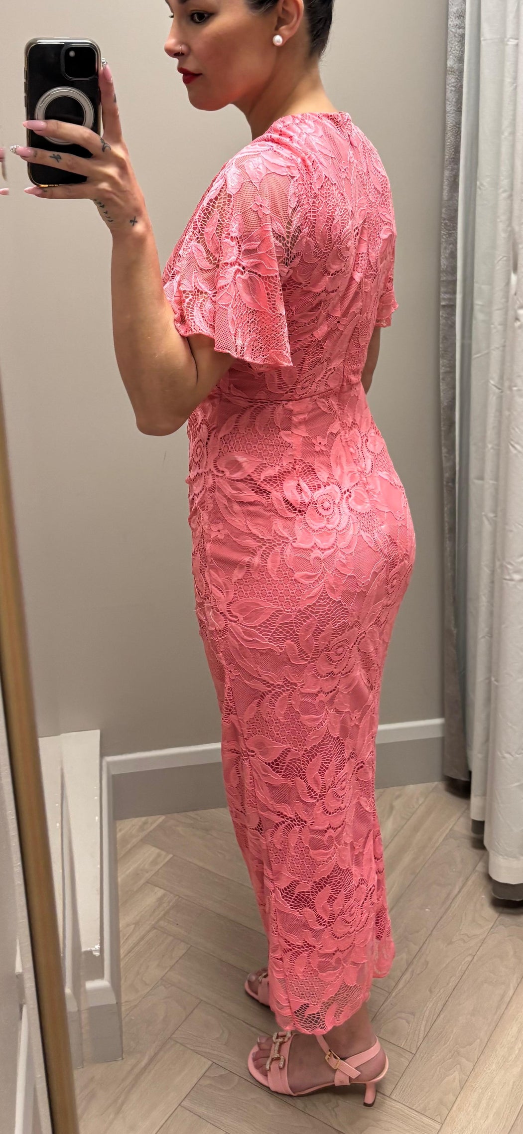Natasha Angel Sleeve Wrap Midi Dress In Pink Lace