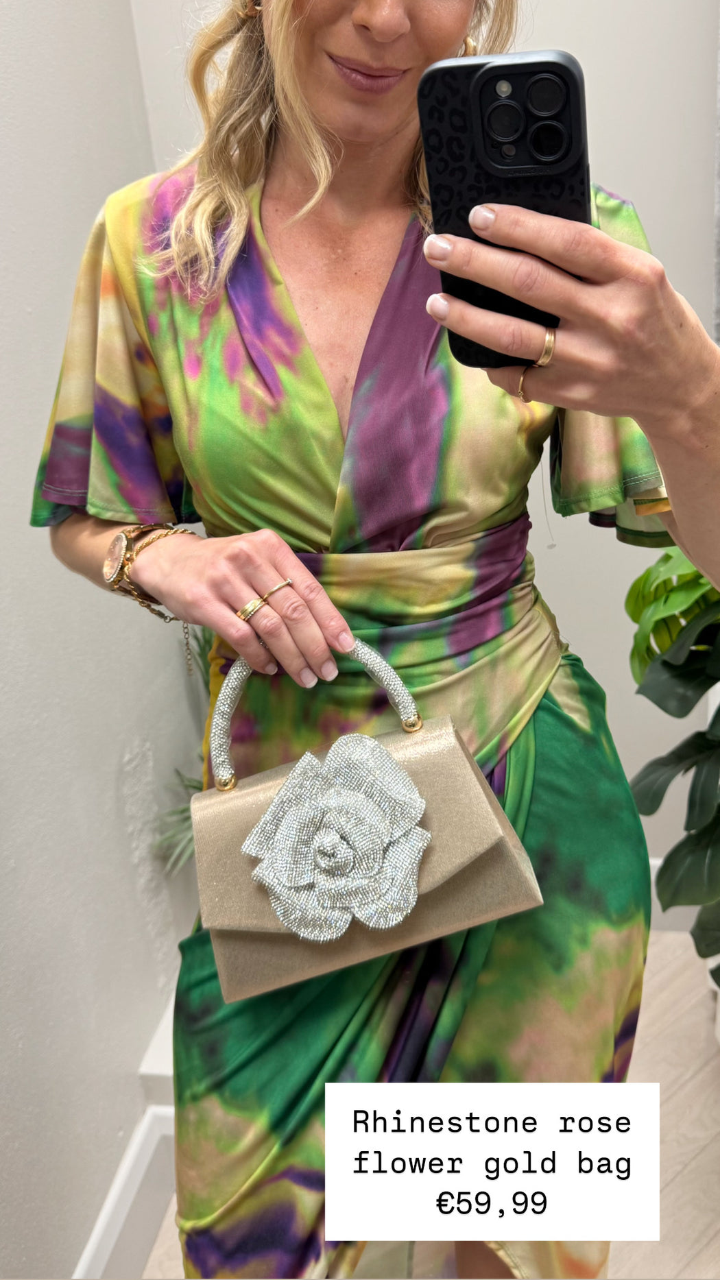 Rhinestone rose flower gold bag