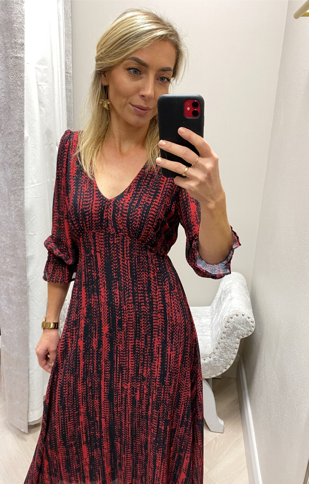 STREASA BLACK RED PRINT MIDI DRESS