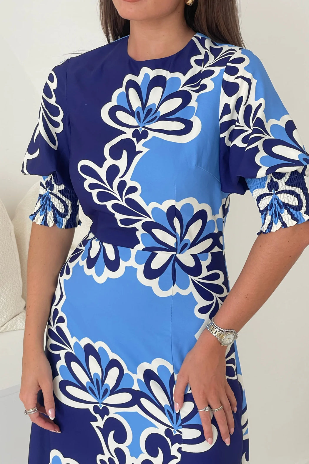 Shayla Blue Print Shirred Cuff Midi Dress